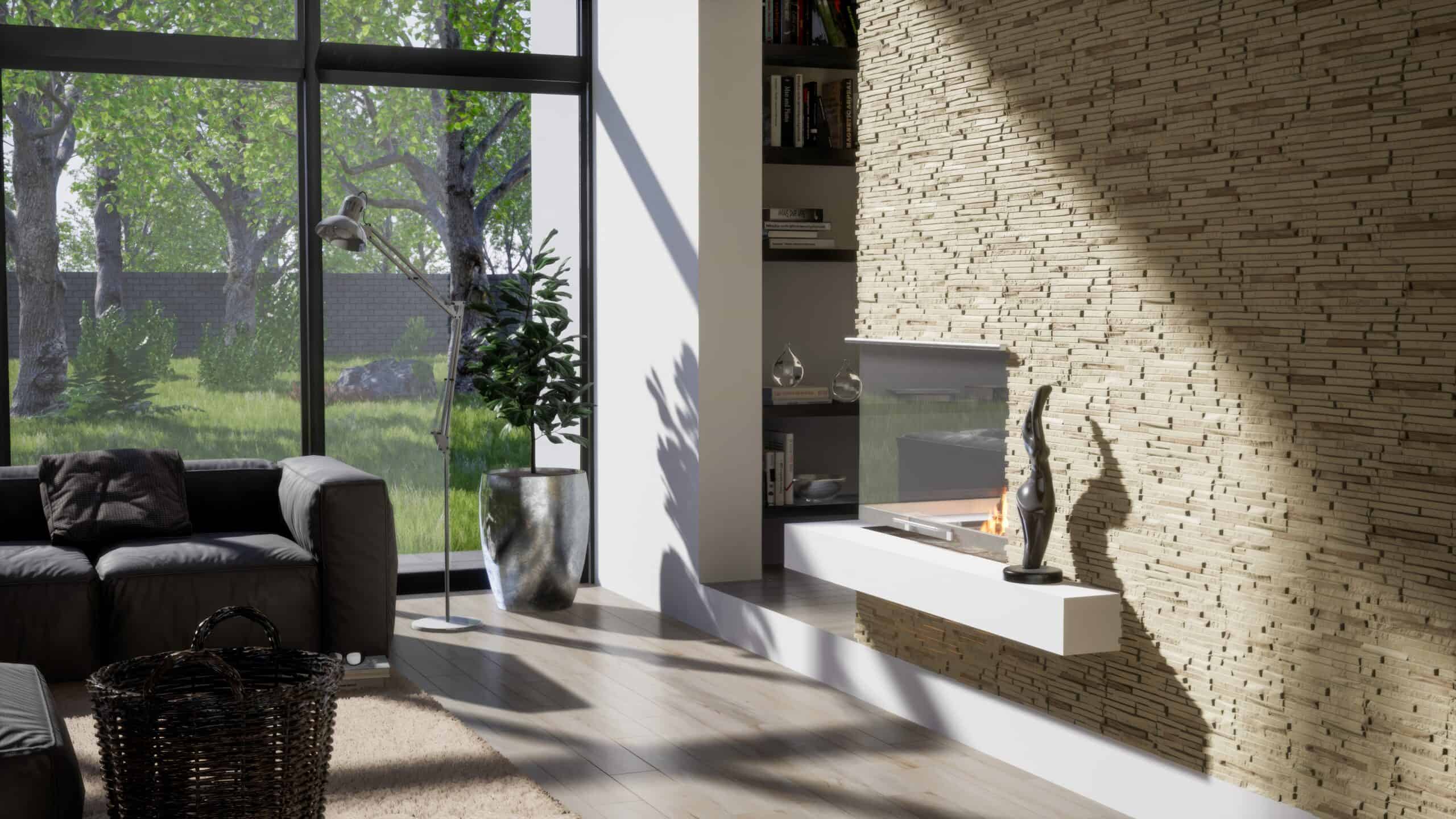 Imagen de un salón moderno con gran ventana y decoración minimalista.